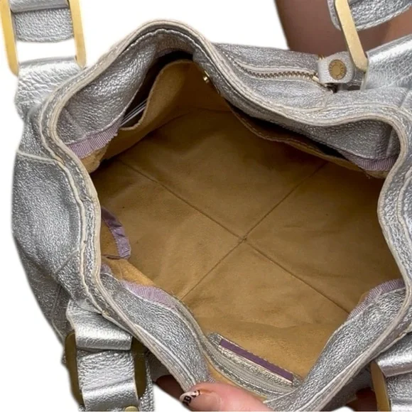 Jimmy Choo Mahala Tote Metallic Silver Leather Gold Hardware Shoulder Bags